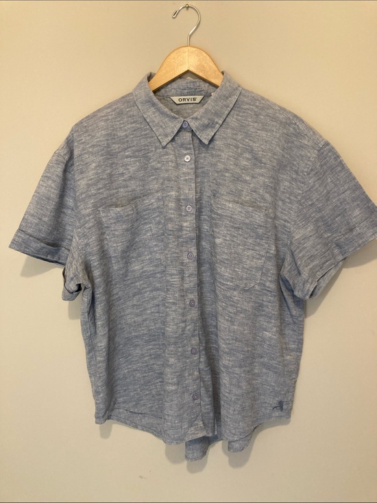 Orvis Tops - Orvis women’s linen blend Short-Sleeve Button-Down in Heathered Blue XL
